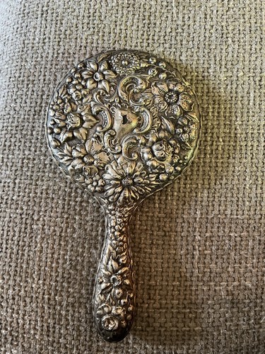 Silver hand mirror with floral - silver,