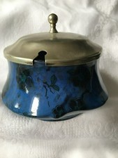Crown Ducal SUGAR BOWL 1915 - 1929 date. BLUE /BLACK Floral Glaze EPNS Lid RARE 