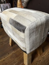 Genuine Cowhide Hair On Leather Round Pouffe Stool Brown Handmade New 45 x 42cm