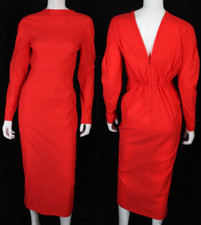 ALAIA $2,410 Rouge Orange Stretch Woven V-Back Long Sleeve Midi Dress 38