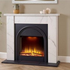 WHITE MARBLE EFFECT FIREPLACE BLACK ARCHED ELECTRIC FIRE REMOTE CONTROL LOGS