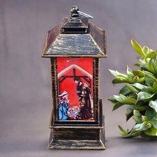 Christian Nativity Scene Storm Lantern Ornament Stained Glass Look LED Light Up