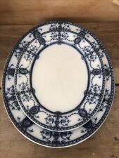 Vintage Antique Flaxman Opaque China Porcelain Pair Oval Platters Blue & White