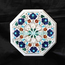 12" White Marble Coffee Corner Table Top Semi Precious Stones Inlay Home Decor