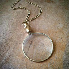 5 x Shiny Gold Monocle Magnifying Glass Necklace - Shiny Brass Pendant Chain