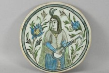 Large Antique Qajar Persian Ceramic Tile 19c. Iznik Musician Islamic Art 10 1/2"