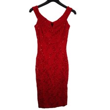 quiz womens dress red lace bardot v-neck sleeveless knee length size 10 