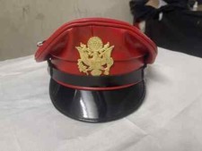 Genuine Real Leather Red Army Muir Biker Peaked Police Gay Bluf Cap Hat