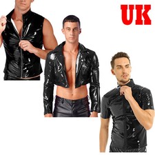 UK Men PVC Leather Underwear T-shirt Top Zipper Clubwear Rave Dance Vest Costume