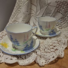 A.B.J Grafton Art Deco Bone China Floral Design Cup & Saucer. X 2
