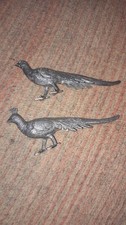 2 Small Silver Metal Pheasant Bird Ornaments Figure Statues 13.5 x 5.5 cm H VGC