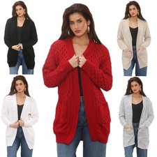 Ladies Cardigan Chunky Cable Knit Casual Long Open Front Long Sleeve 2 Pockets