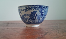 Antique Blue Staffordshire Ridgway Footed Tea Bowl Women Feeding Chickens