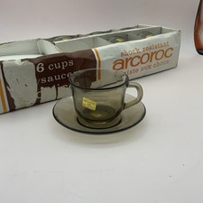 Vintage Arcoroc Cup & Saucer Set 6 Smoked Glass Boxed Unused Retro