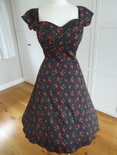 Mad Men Style Stop Staring Swing Dress Black Spot Cherry Print L 12 14 50s 1950s