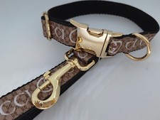 Dog Collar and Lead 15" - 22 " neck size.  FREE FABRIC DESIGN Gold Metal Buckle