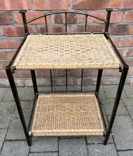 Folding Iron & Rattan Table Bedside Display / Plant Stand Vintage Shabby Chic