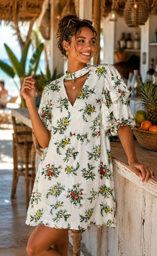 Silky floral ruffle - floral, short