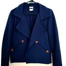 La Coste Womens Jacket Blazer Navy With Faux Leather Accents Open Front Size 40
