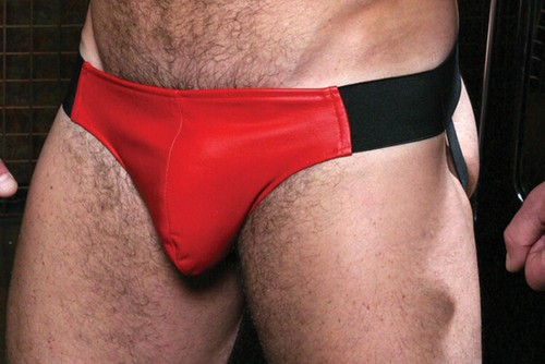 Leather red pouch jock - black, &