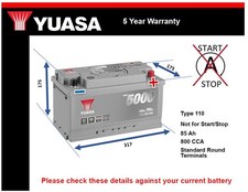 Battery fits VW TRANSPORTER Yuasa 110 800A 85Ah 5Yr Warranty VOLKSWAGEN