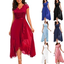 Womens Vintage Dress Party PROM Lace Chiffon Ruffle V-Neck Bridesmaids Gown 6-20