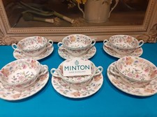 6 x MINTON Haddon Hall Green Bone China Soup Coupes & Saucers  - 1st Quality