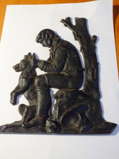 Old Vintage Cast Metal Hunting Scene Relief Wall Plaque Man Dog Tree A/F 22cms