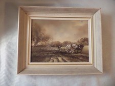Oil On Board Painting  Team of horses ploughing a field By Artist Pamela Noyes