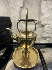 Antique Brass (coated) Spirit Kettle (Wooden handle) On Brass Stand With Burner