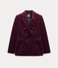 Zara ZW Burgundy Double Breasted Velvet Blazer Size XL