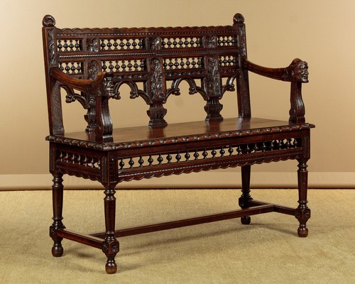 Antique carved oak hall bench - carved,