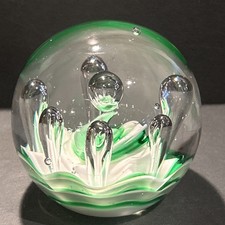Vintage Art Glass Green White Stripe Swirl Controlled Large Bubble Paperweight