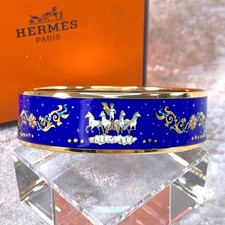 Vintage Hermes Bangle Bracelet Cloud Stars Angel Blue Enamel Gold Rim 70 w/Box