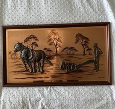 Mid Century Copper Picture Of horse &plough Made In Ireland by Magowan 64 x 37cm