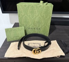 Waist 0-4 GUCCI GG Marmont Women's Thin Leather Belt Black Gold Buckle Box Sz 75