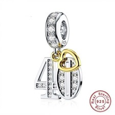 S925 Sterling Silver 40th Birthday Gold Tag Dangle Heart Charm For Bracelet