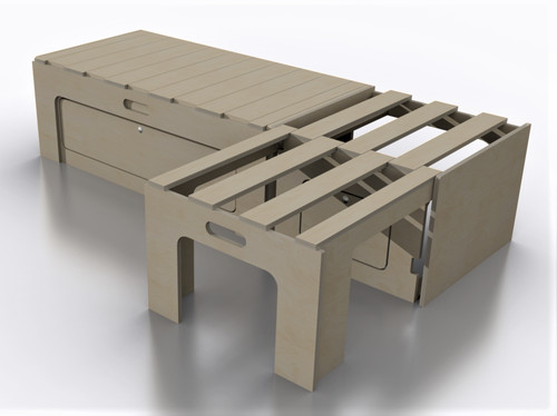 Shape sliding camper van - l-shape, bed