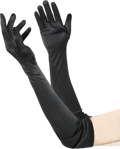 Black satin gloves elbow lace - gloves,