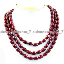 3 Rows Natural 5x9mm Red Garnet Rice-shape Oval Gemstone Beads Necklace 18-20''