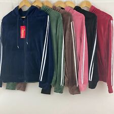 Womens Velvet Velour 2 Stripe Panel Hooded Joggers 2PCS Ladies Tracksuit Set
