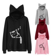 Sleeping Cat Print Hoodie Pullovers Cute Cat Ear Hooded Pocket Kawaii Sweater