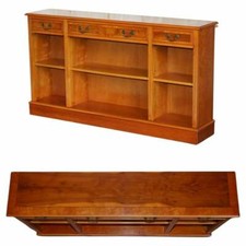 VINTAGE BURR YEW WOOD DWARF OPEN BOOKCASE / SIDEBOARD WITH THREE LARGE DRAWERS