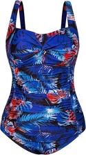 Plus Size Tummy Control Swimsuit Blue Tropical Ruched One Piece Bathing Suit