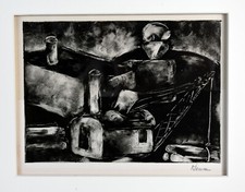 7" Antique 1930s Germany Klemm Linoleum Cut Print Timber Logs Crane Shacks 