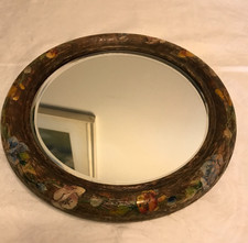 Vintage Antique circular wooden bevelled wall mirror, Barbola style flower rim.