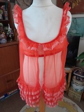 Vintage Red White Frilled Lace Nylon Baby Doll Nightie Sheer Bri Nylon Small