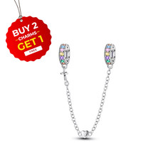 Colourful Pave Heart Safety Chain Charm S925 Sterling Silver Charm for Women
