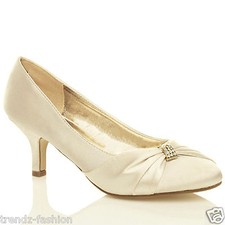LADIES SATIN LOW MID HEELS WOMENS WEDDING BRIDAL BRIDESMAID STILETTO KITTEN SHOE