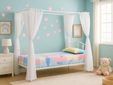 CHILDRENS WILLOW 4 POSTER BED FRAME-WHITE BUTTERFLY DETAILING-3FT SINGLE-DRAPES